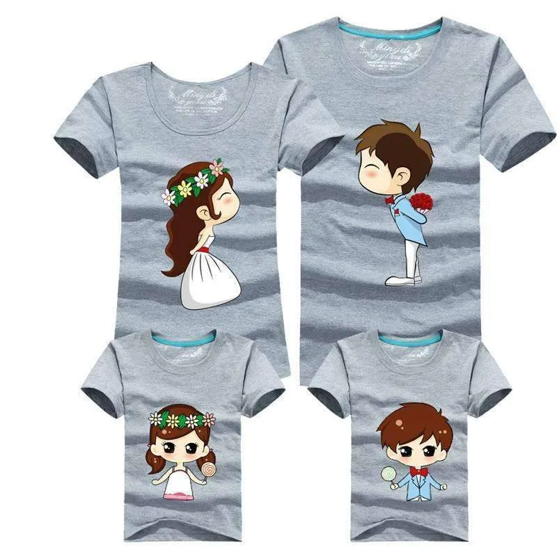 1 Piece Family Matching Outfits Mother Father Son Daughter Cartoon Bride Bridegroom Print Women Men Children Boy Girl T shirt