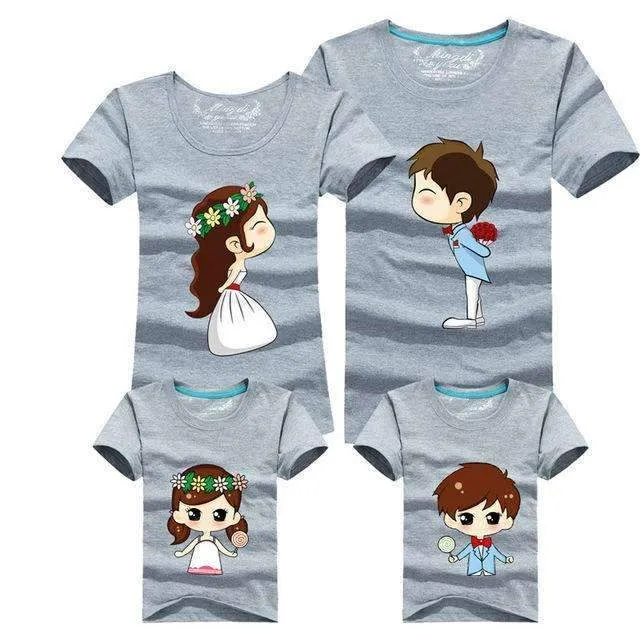 1 Piece Family Matching Outfits Mother Father Son Daughter Cartoon Bride Bridegroom Print Women Men Children Boy Girl T shirt