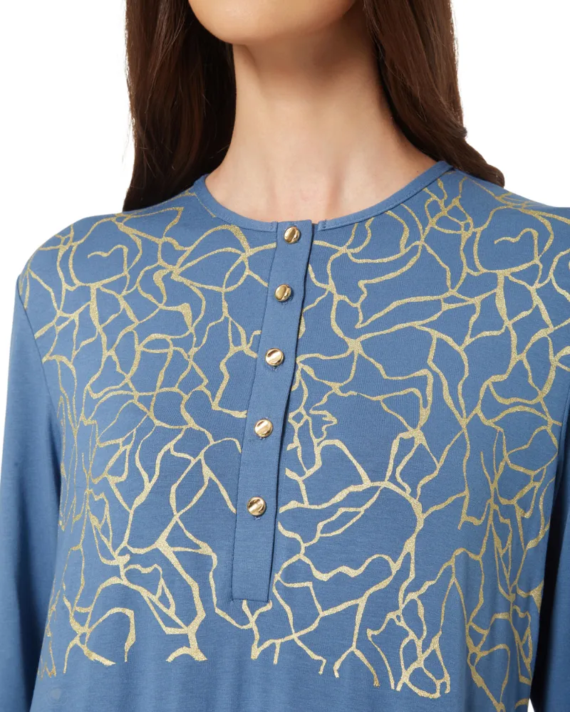 11958 Blue Gold Veins Cotton Button Down Nightgown