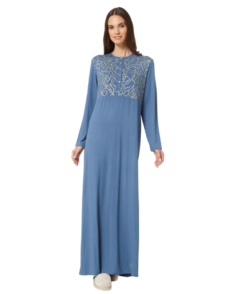 11958 Blue Gold Veins Cotton Button Down Nightgown