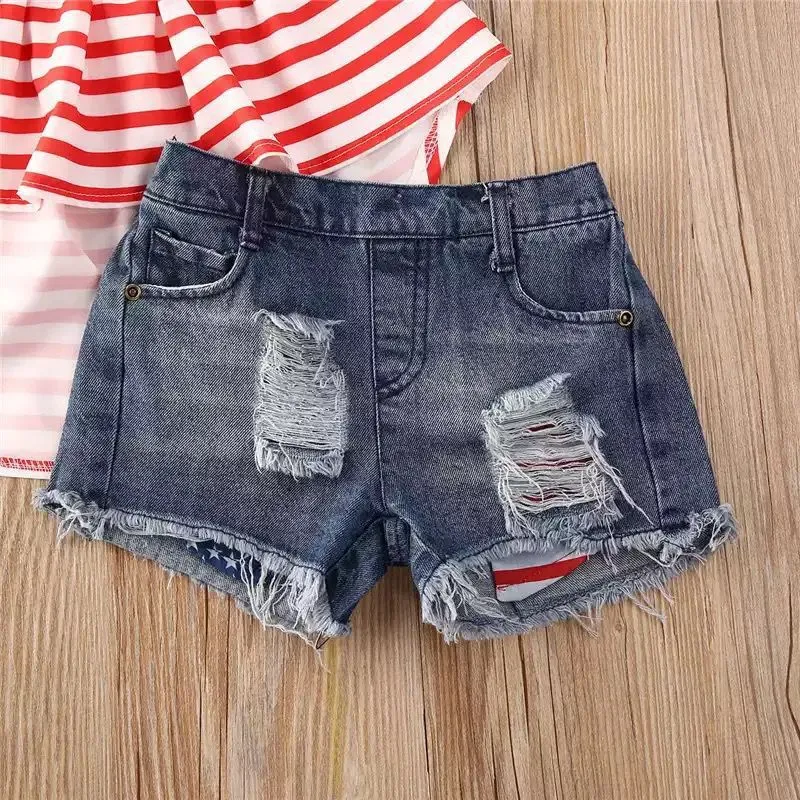 2 PCS Baby Girls Outfit Halter Tops Denim Shorts July 4th Clothes