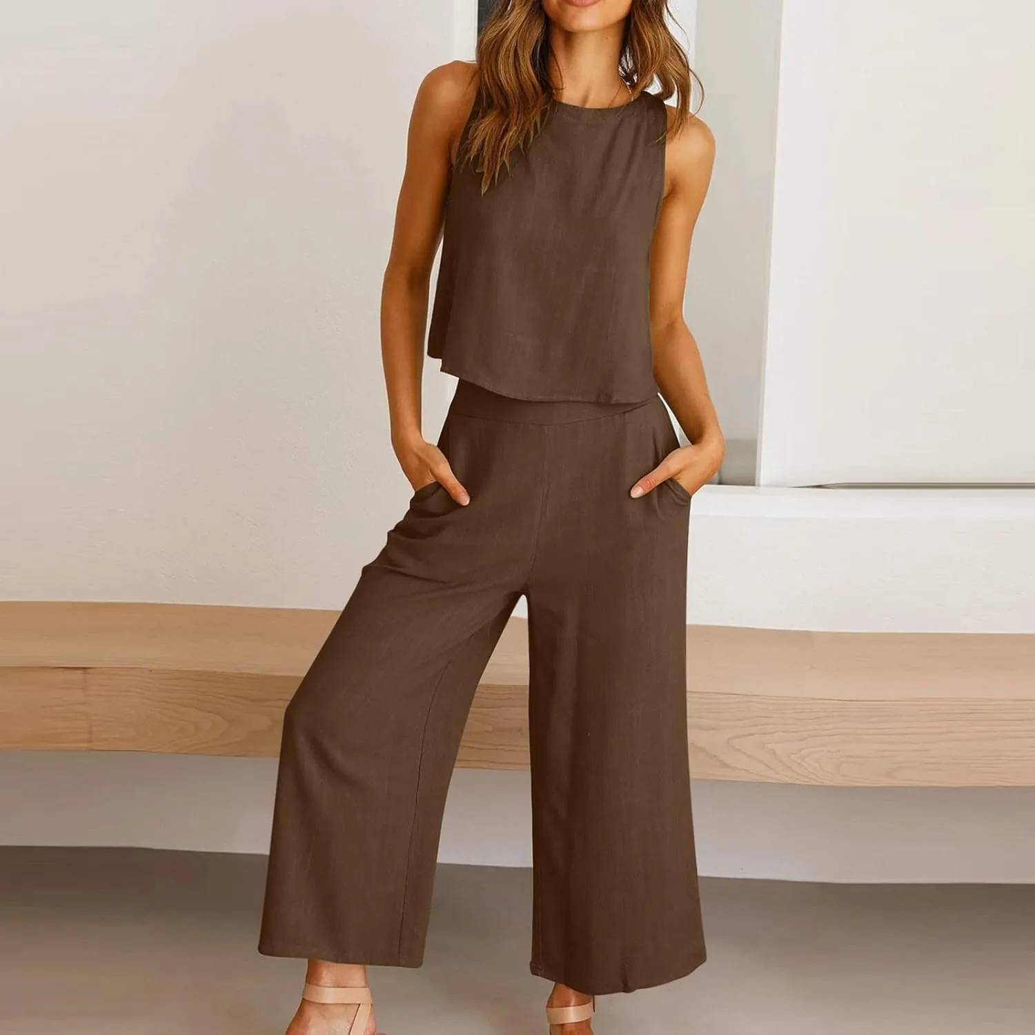 2 Piece Linen Sets for Women Tank Top Summer Casual Outfits Wide Leg Pants Matching Set Beach Vacation Clothes 2025