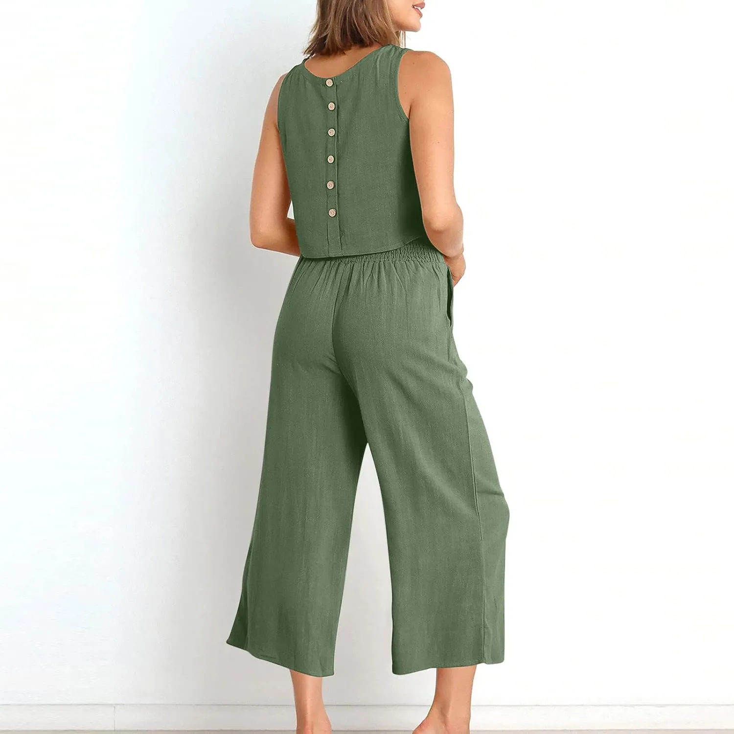 2 Piece Linen Sets for Women Tank Top Summer Casual Outfits Wide Leg Pants Matching Set Beach Vacation Clothes 2025