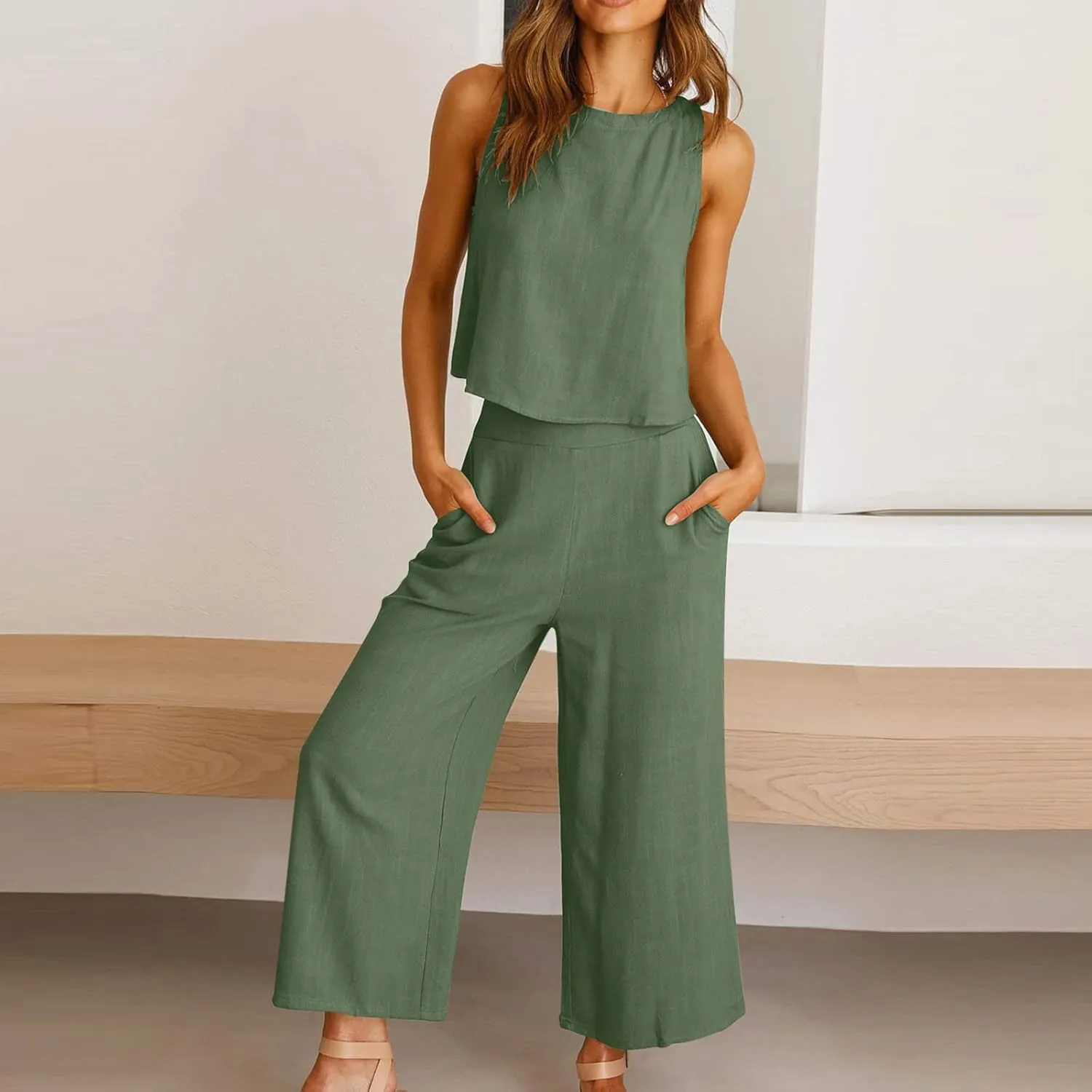 2 Piece Linen Sets for Women Tank Top Summer Casual Outfits Wide Leg Pants Matching Set Beach Vacation Clothes 2025