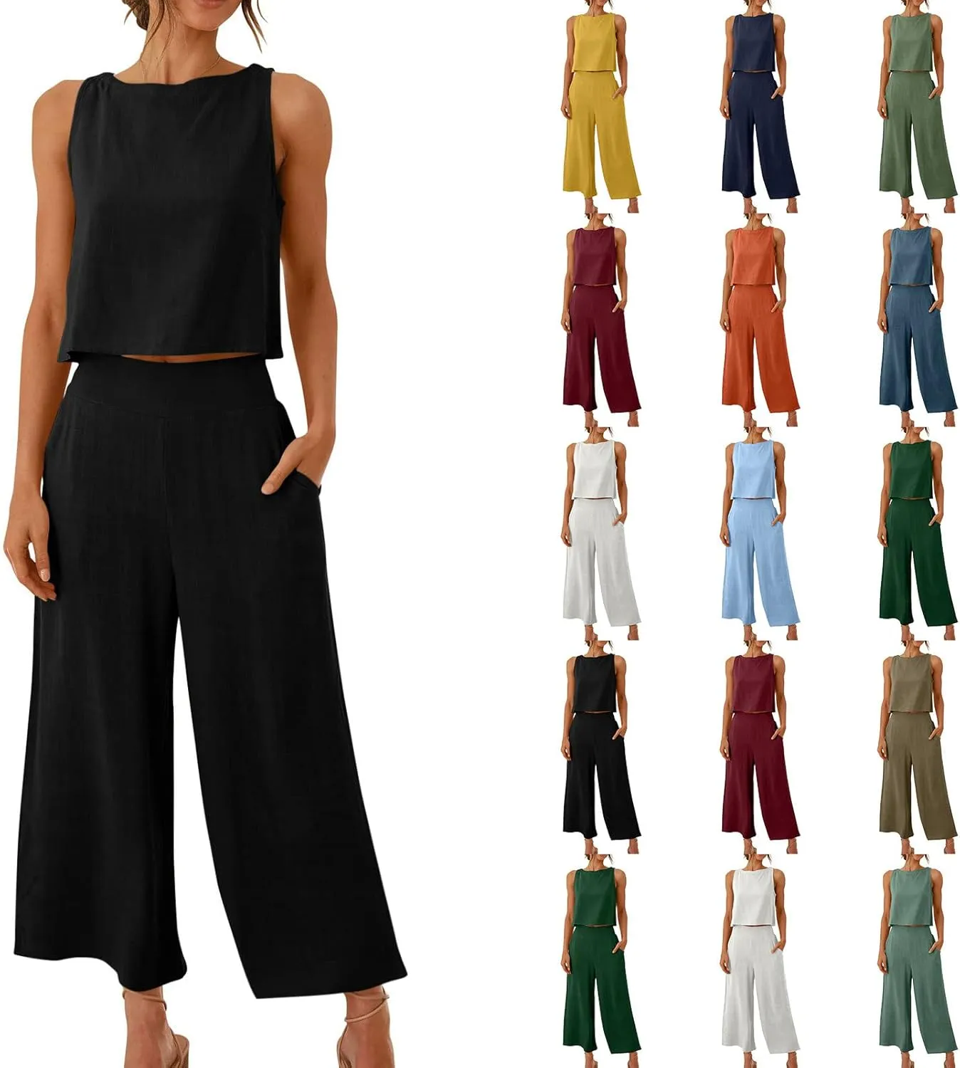 2 Piece Linen Sets for Women Tank Top Summer Casual Outfits Wide Leg Pants Matching Set Beach Vacation Clothes 2025