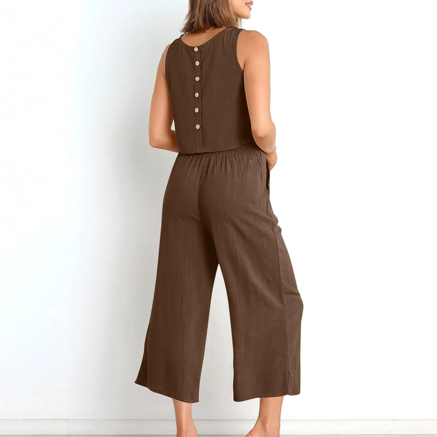 2 Piece Linen Sets for Women Tank Top Summer Casual Outfits Wide Leg Pants Matching Set Beach Vacation Clothes 2025