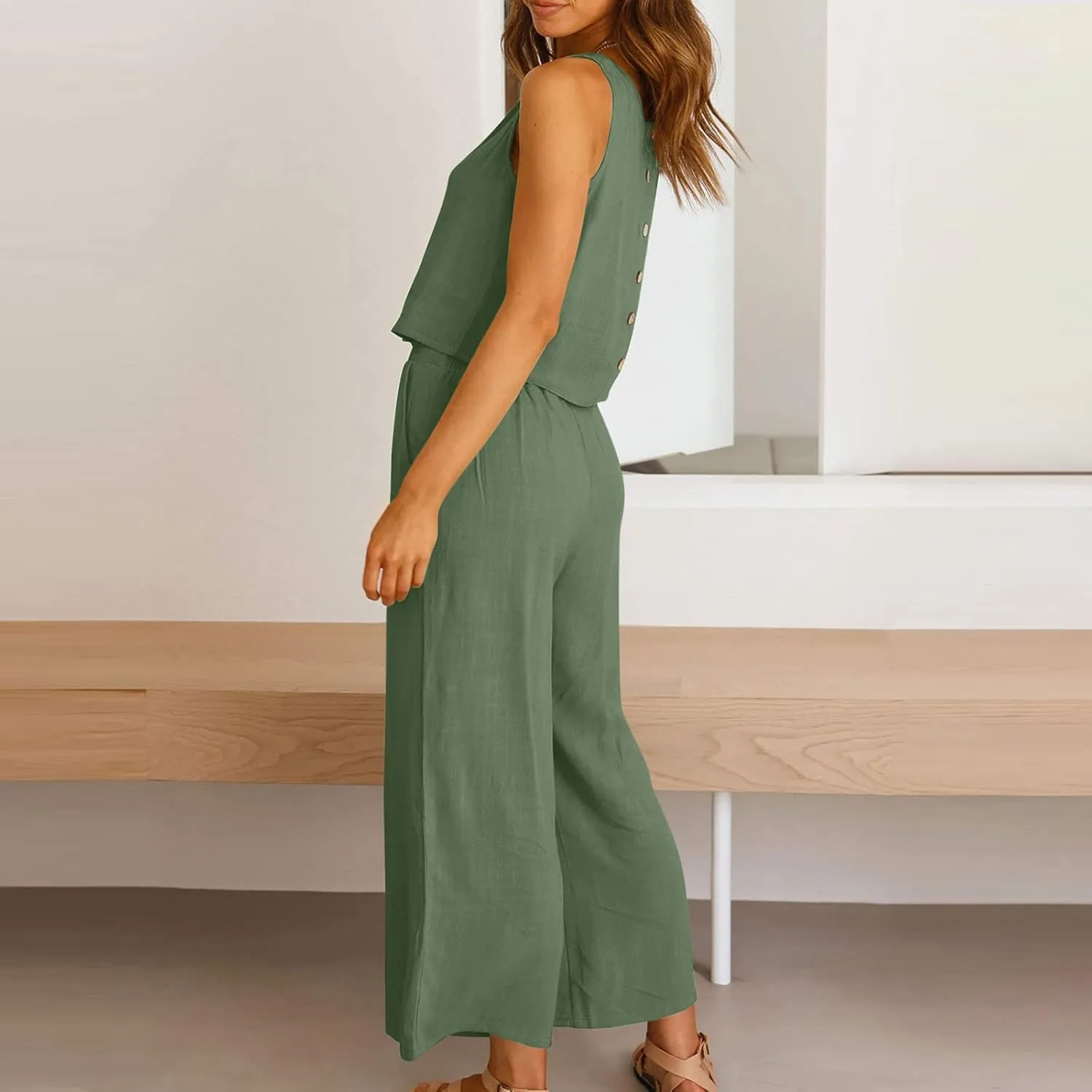 2 Piece Linen Sets for Women Tank Top Summer Casual Outfits Wide Leg Pants Matching Set Beach Vacation Clothes 2025