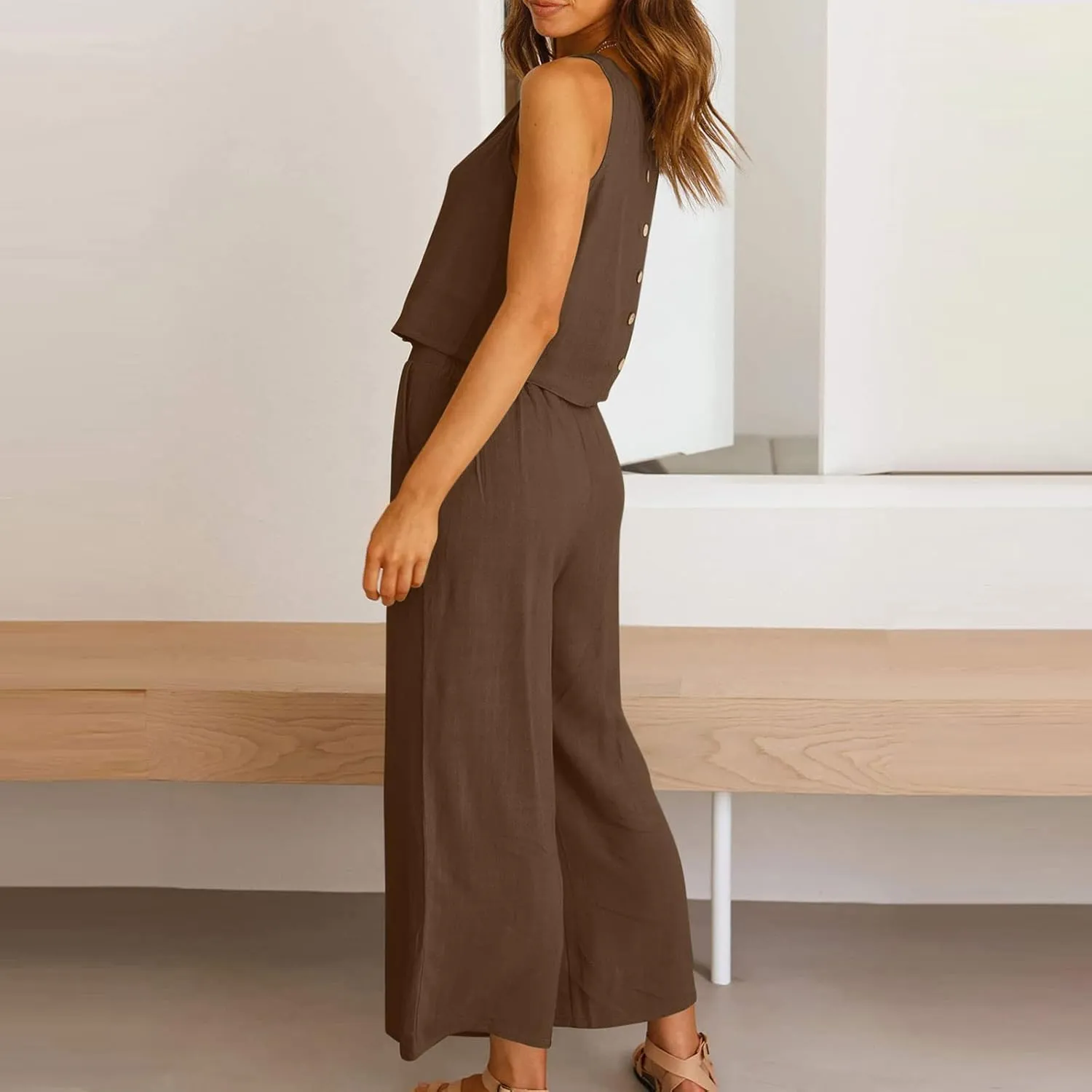 2 Piece Linen Sets for Women Tank Top Summer Casual Outfits Wide Leg Pants Matching Set Beach Vacation Clothes 2025