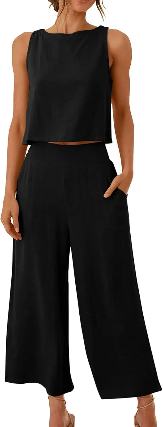 2 Piece Linen Sets for Women Tank Top Summer Casual Outfits Wide Leg Pants Matching Set Beach Vacation Clothes 2025