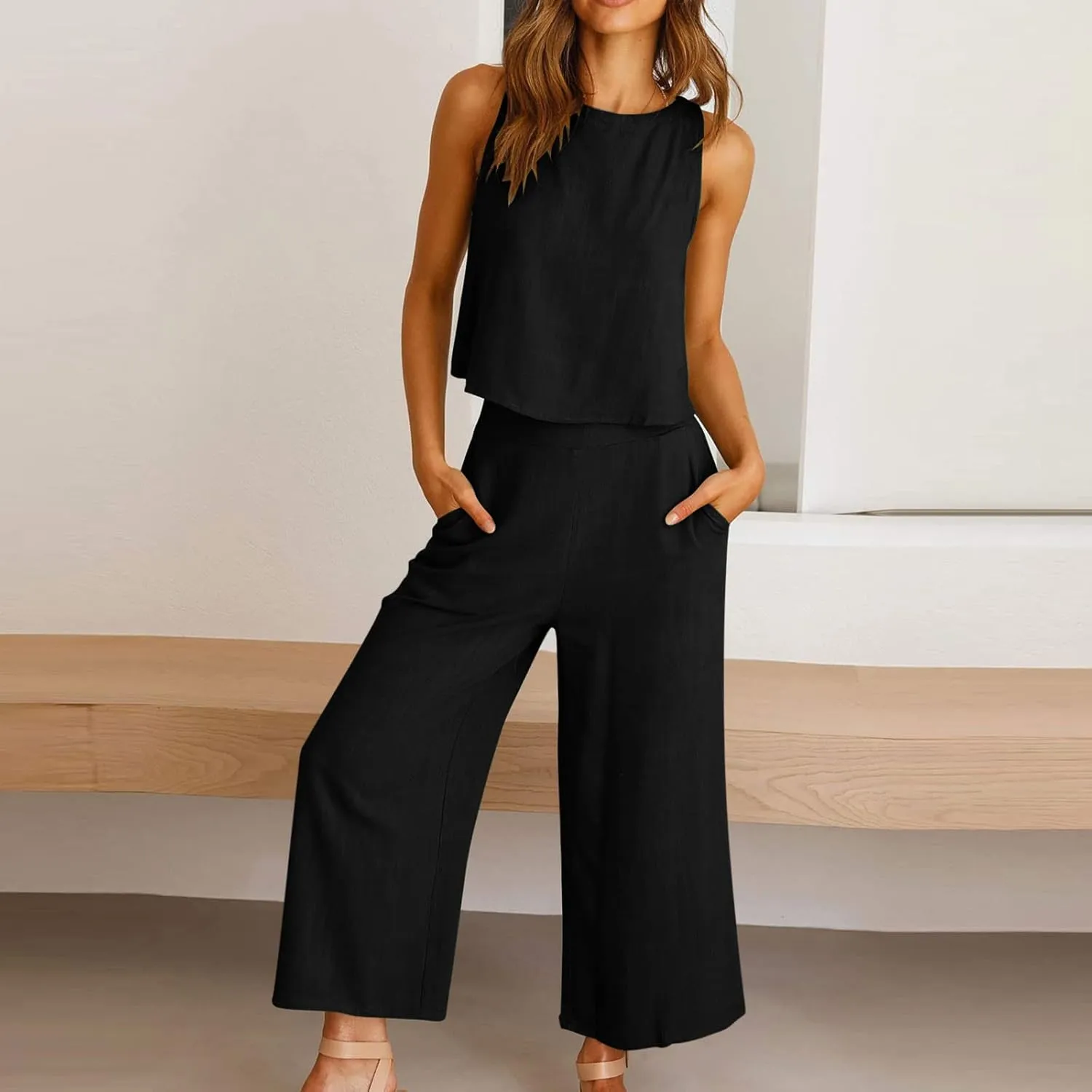 2 Piece Linen Sets for Women Tank Top Summer Casual Outfits Wide Leg Pants Matching Set Beach Vacation Clothes 2025