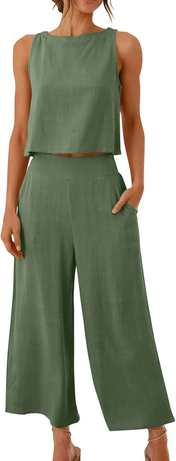 2 Piece Linen Sets for Women Tank Top Summer Casual Outfits Wide Leg Pants Matching Set Beach Vacation Clothes 2025