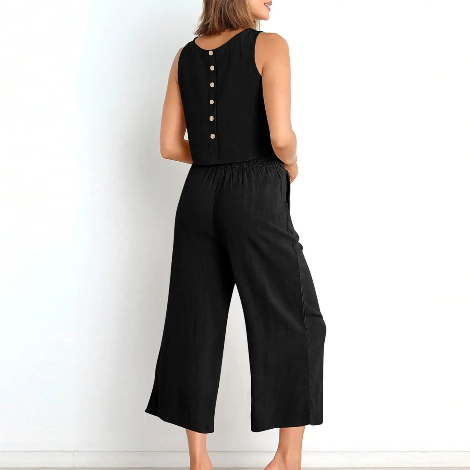 2 Piece Linen Sets for Women Tank Top Summer Casual Outfits Wide Leg Pants Matching Set Beach Vacation Clothes 2025
