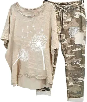2 Piece Outfits for Women Cotton Linen Sets Plus Size Casual Loose Fit Tops Drawstring Camo Pants Tracksuit Set
