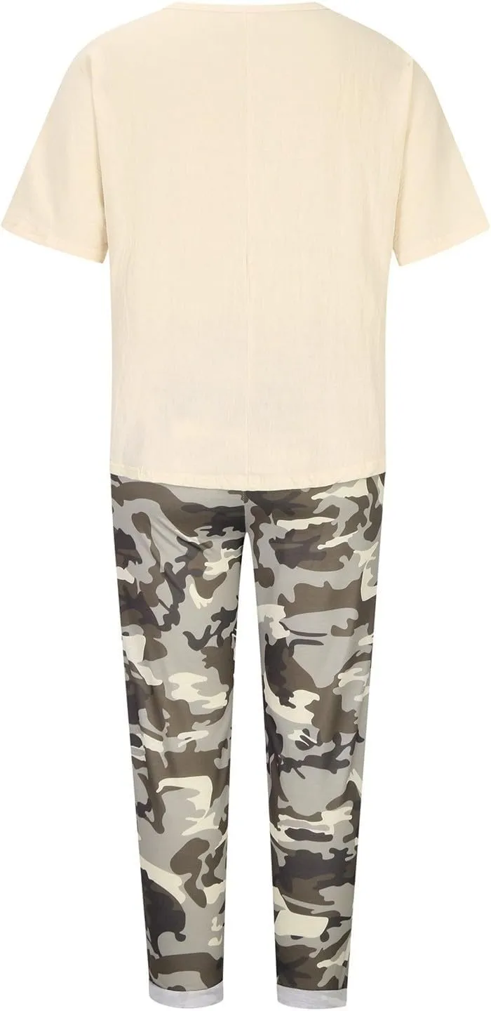 2 Piece Outfits for Women Cotton Linen Sets Plus Size Casual Loose Fit Tops Drawstring Camo Pants Tracksuit Set