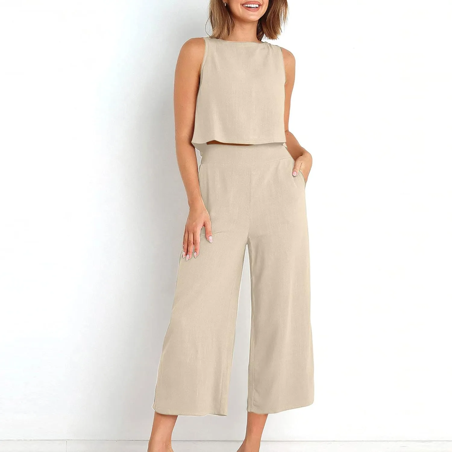 2 Piece Sets for Women Trendy 2025 Sleeveless Crop Top Wide Leg Pants Linen Travel Jumpsuit Lounge Beach Outfits