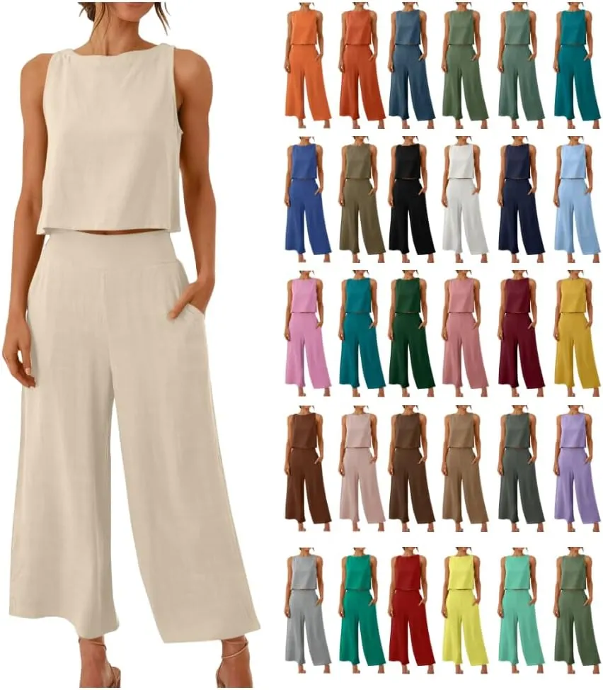 2 Piece Sets for Women Trendy 2025 Sleeveless Crop Top Wide Leg Pants Linen Travel Jumpsuit Lounge Beach Outfits