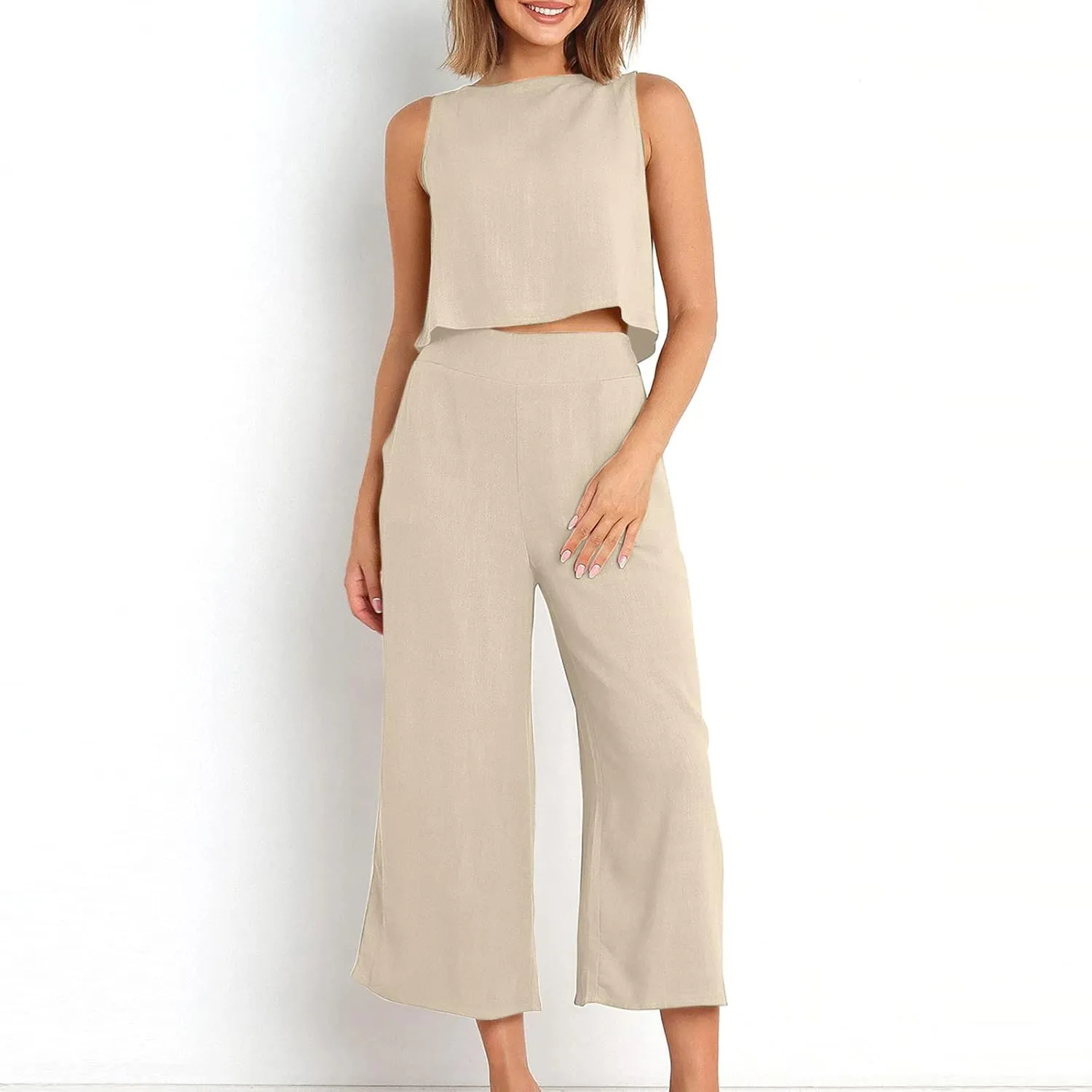 2 Piece Sets for Women Trendy 2025 Sleeveless Crop Top Wide Leg Pants Linen Travel Jumpsuit Lounge Beach Outfits