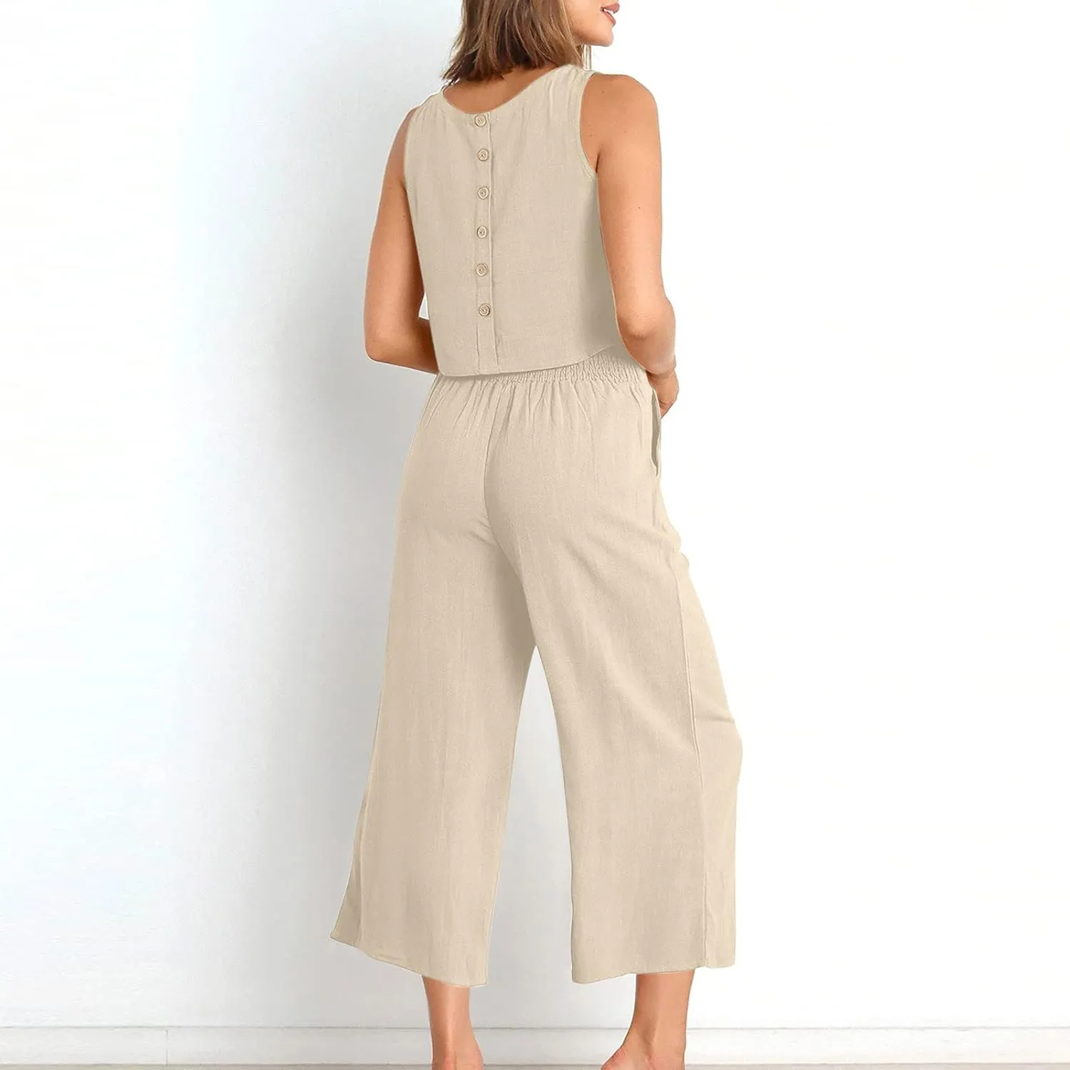 2 Piece Sets for Women Trendy 2025 Sleeveless Crop Top Wide Leg Pants Linen Travel Jumpsuit Lounge Beach Outfits