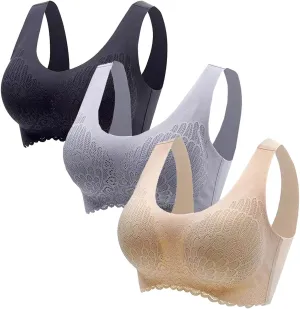 3 Pack Bombshell Push Up Wirefree Bra, Brazziti Bombshell Bras, Full Coverage Sports Bra, Comfort Latex Pad Lace Bra