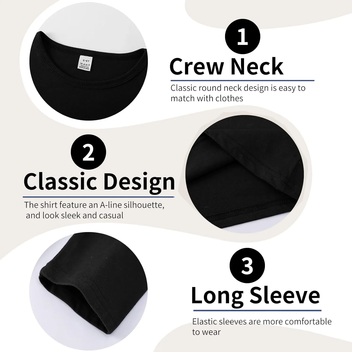 3-Pack Boys' Long Sleeve Shirts Kids Basic Long Sleeve Tees Toddlers' Crew Neck Soft Fall Tops