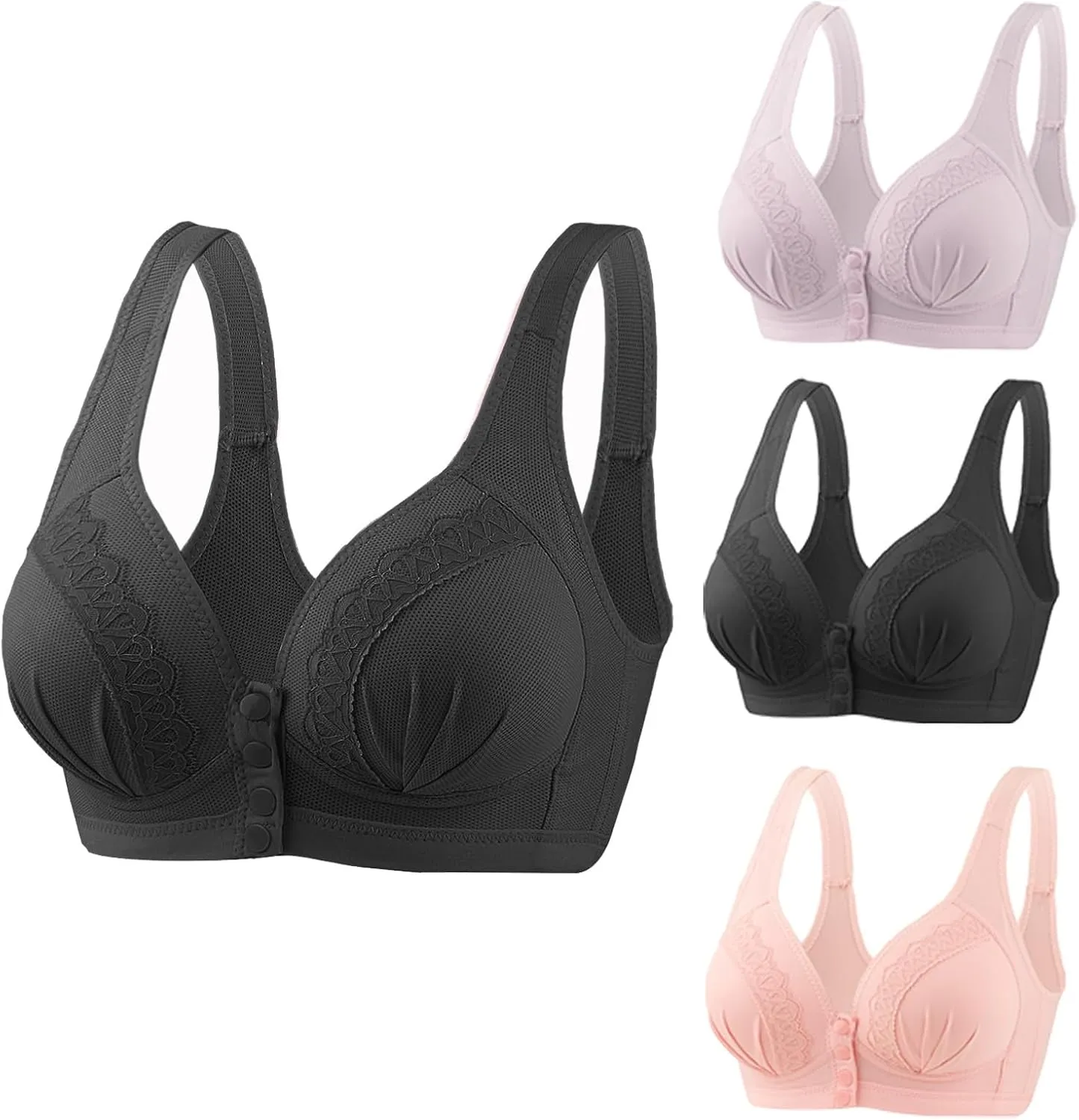 3-Pack Lace Bra for Older Women Snap Front Wireless Beauty Back High Support Push Up Bras Comfy Everyday Bralettes