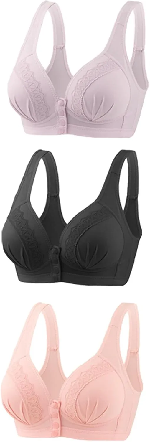3-Pack Lace Bra for Older Women Snap Front Wireless Beauty Back High Support Push Up Bras Comfy Everyday Bralettes