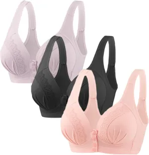 3-Pack Lace Bra for Older Women Snap Front Wireless Beauty Back High Support Push Up Bras Comfy Everyday Bralettes