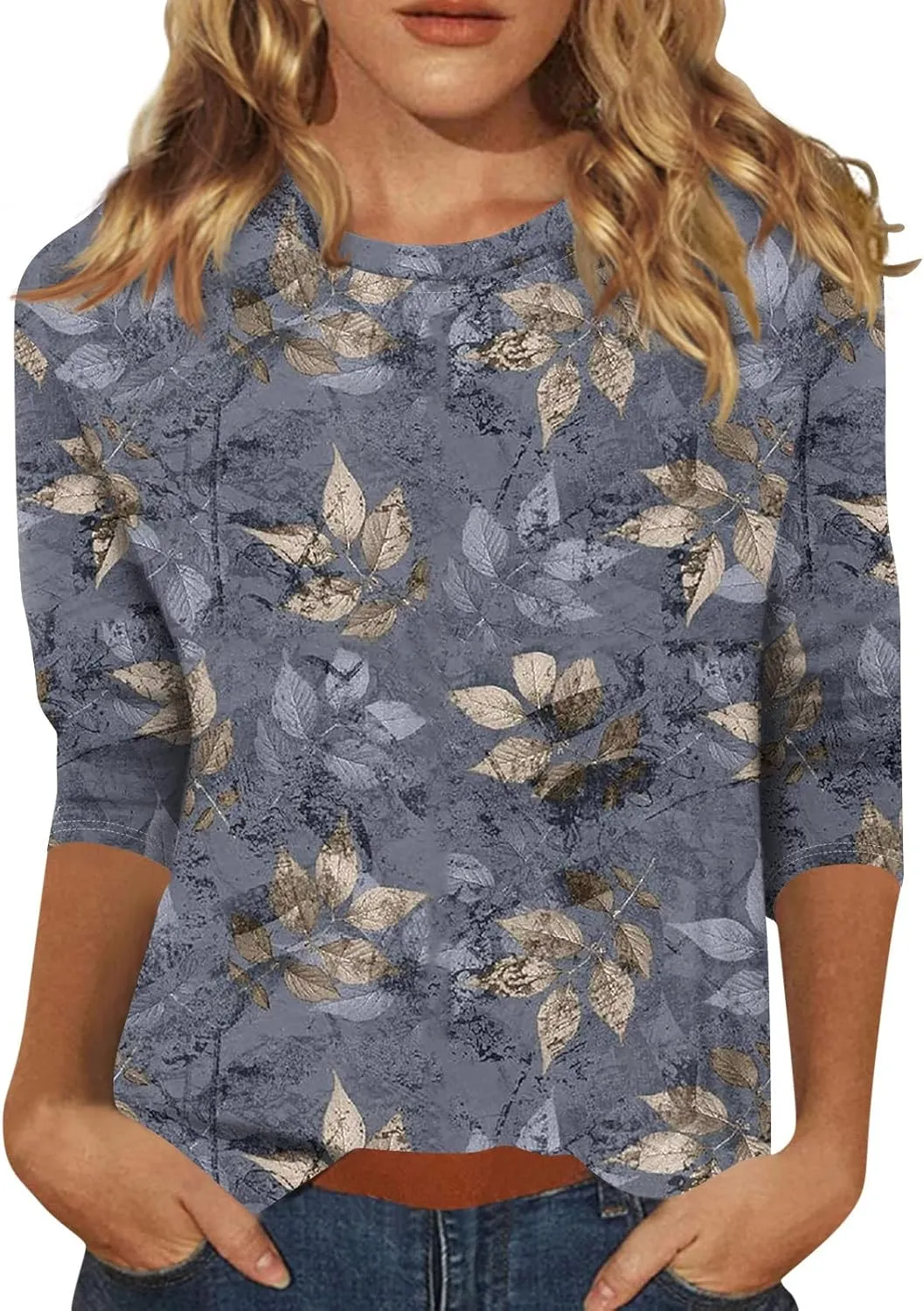 3/4 Length Sleeve Shirts for Women, Round Neck Cute Tunic Tops Basic Tees Casual Printed Blouses Loose Shirt Tops