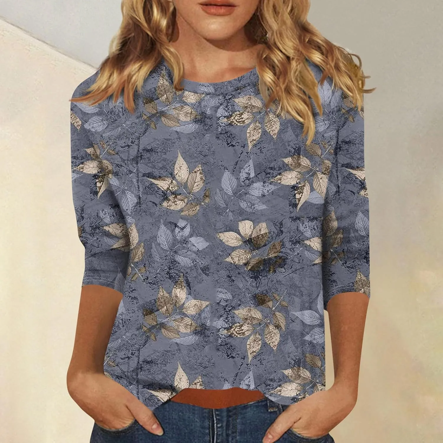 3/4 Length Sleeve Shirts for Women, Round Neck Cute Tunic Tops Basic Tees Casual Printed Blouses Loose Shirt Tops