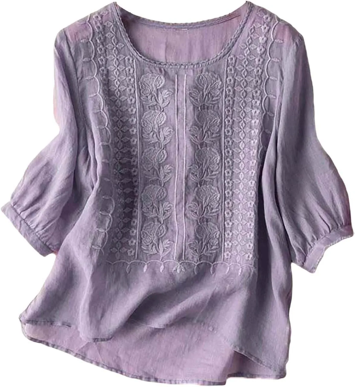3/4 Length Sleeve Womens Tops Summer Cotton Linen Embroidered Print Chinese Shirts Casual Boho Tops Comfy Blouses