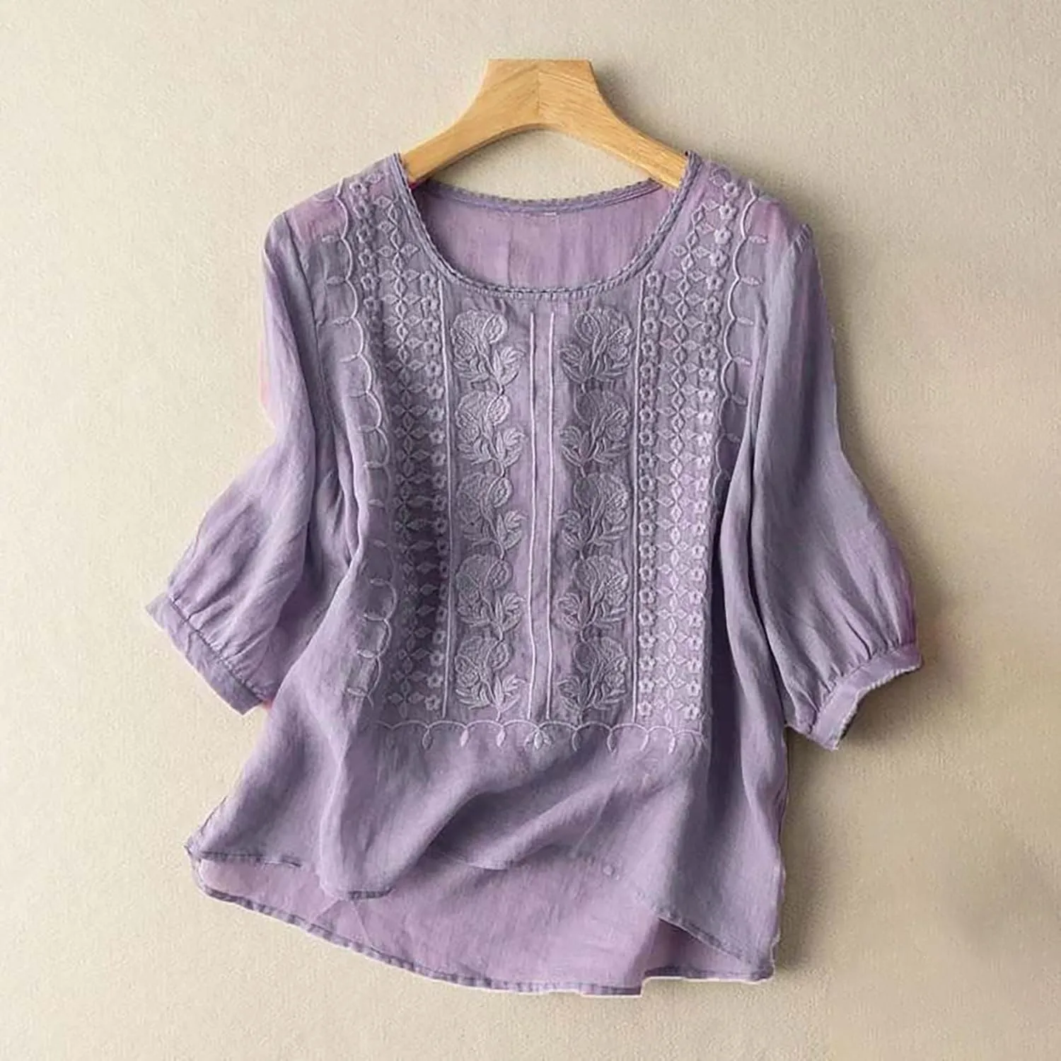 3/4 Length Sleeve Womens Tops Summer Cotton Linen Embroidered Print Chinese Shirts Casual Boho Tops Comfy Blouses