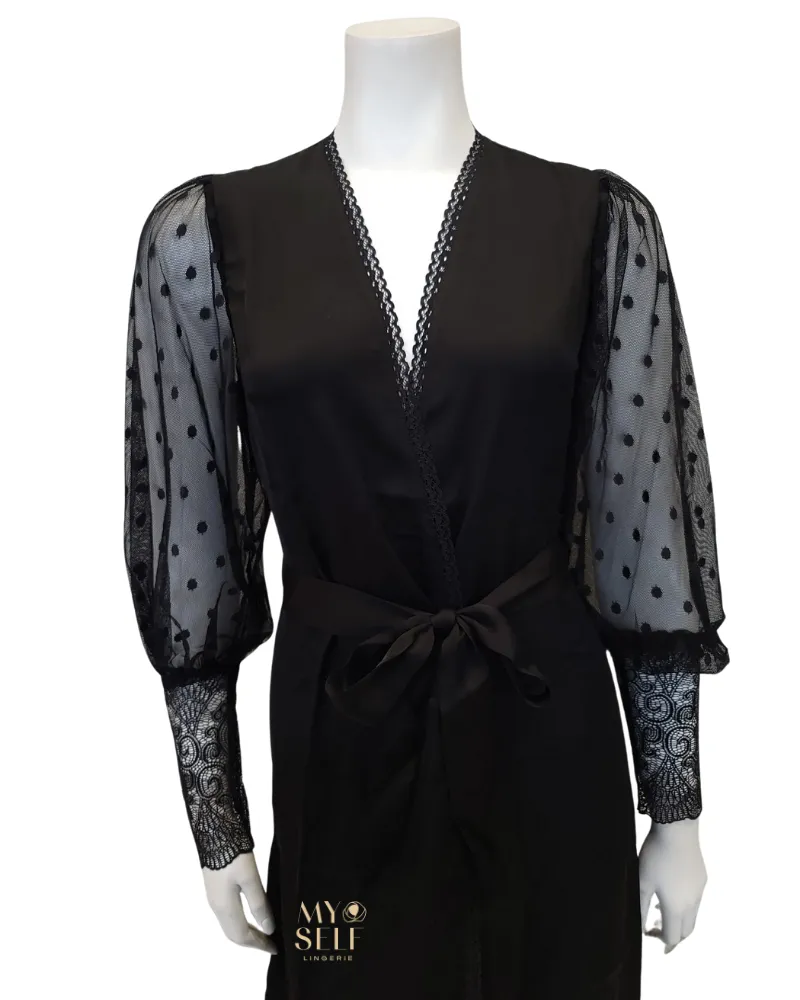 3646 Black Sheer Dotted Lace Satin Long Robe