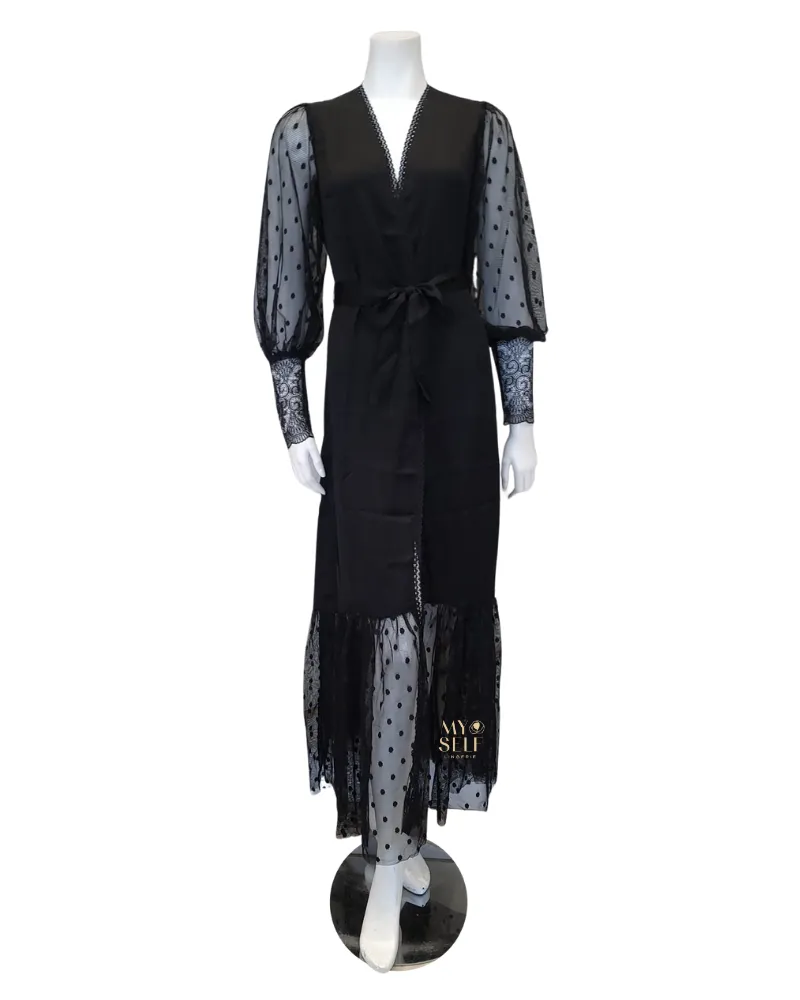 3646 Black Sheer Dotted Lace Satin Long Robe