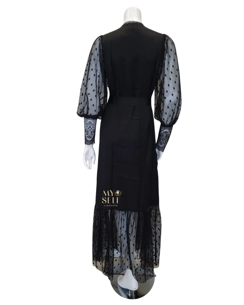 3646 Black Sheer Dotted Lace Satin Long Robe