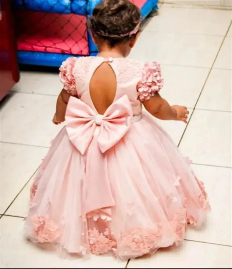 3D Floral Appliques with Big Bow Design Little Girls Party Gowns