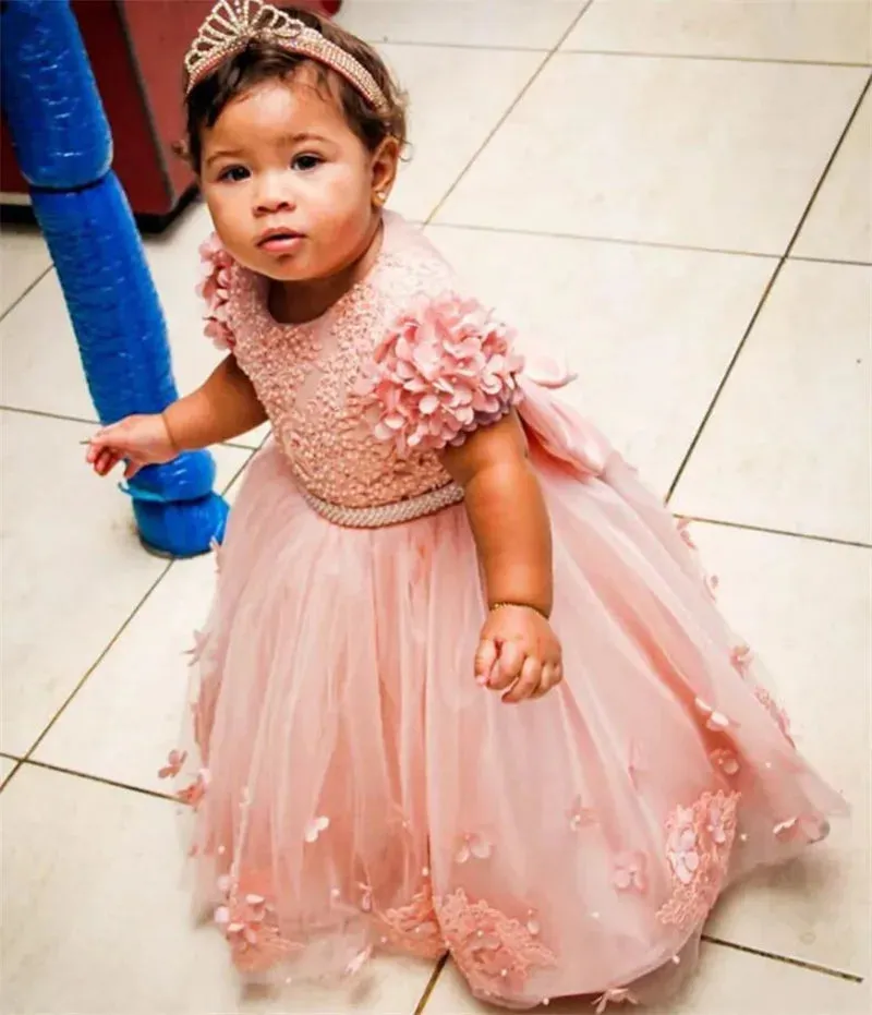 3D Floral Appliques with Big Bow Design Little Girls Party Gowns