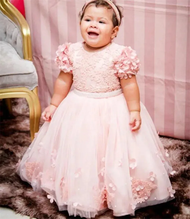 3D Floral Appliques with Big Bow Design Little Girls Party Gowns