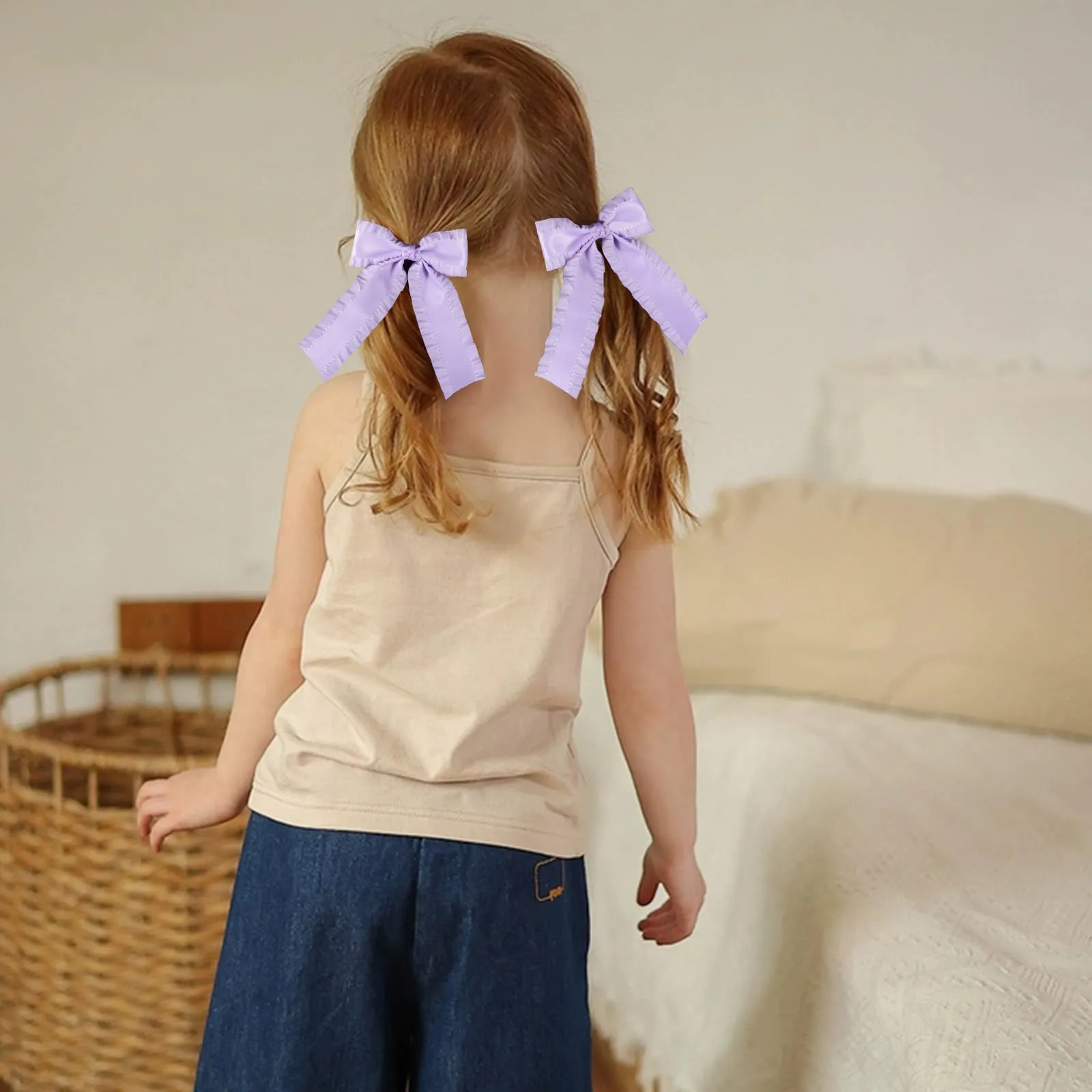 4" Ruffle Ribbon Hair Bow Clips for Girls,Light Purple Silky Satin Bowknot Alligator Barrettes with Long Tail,Cute Handmade Ponytail Holder Accessories for Toddler Teens Kids Women