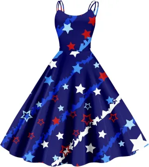 4Th of July Dresses for Women Midi Red White and Blue Dress Sleeveless USA Flag Dresses Holiday Festival Party Dress