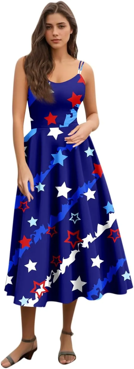 4Th of July Dresses for Women Midi Red White and Blue Dress Sleeveless USA Flag Dresses Holiday Festival Party Dress