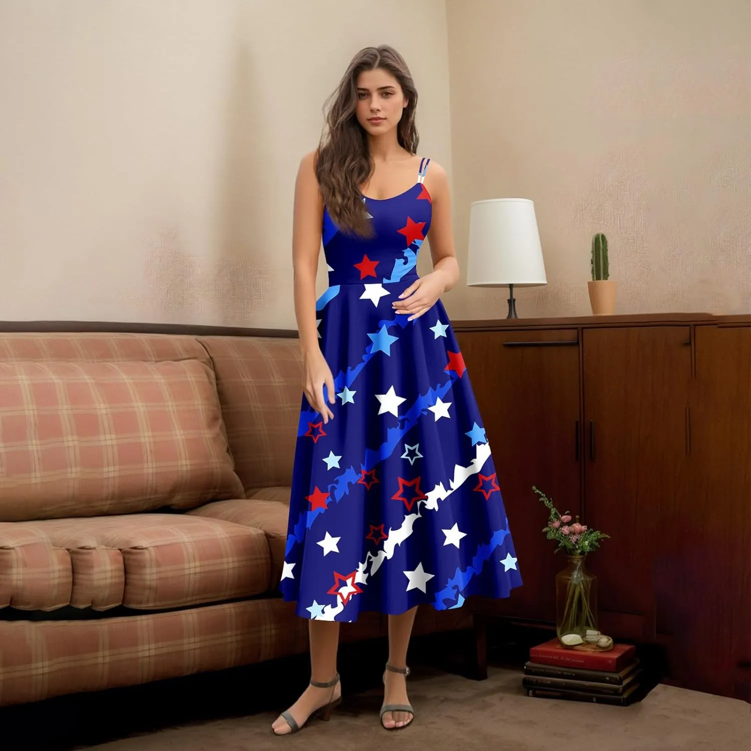 4Th of July Dresses for Women Midi Red White and Blue Dress Sleeveless USA Flag Dresses Holiday Festival Party Dress