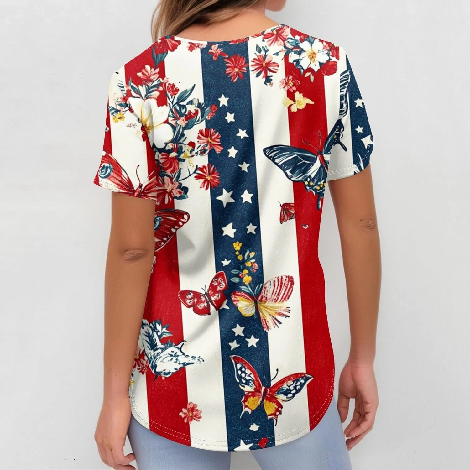 4th of July Tops Casual Nurse Uniforms 2025 Scrub Tops for Women Short Sleeve Scrub V Neck Shirt with Pockets