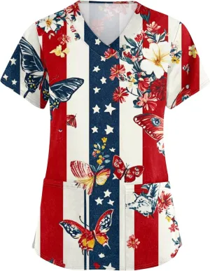 4th of July Tops Casual Nurse Uniforms 2025 Scrub Tops for Women Short Sleeve Scrub V Neck Shirt with Pockets