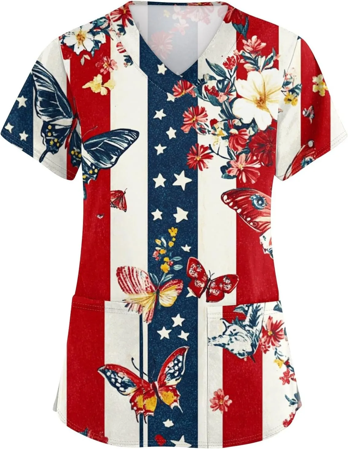 4th of July Tops Casual Nurse Uniforms 2025 Scrub Tops for Women Short Sleeve Scrub V Neck Shirt with Pockets