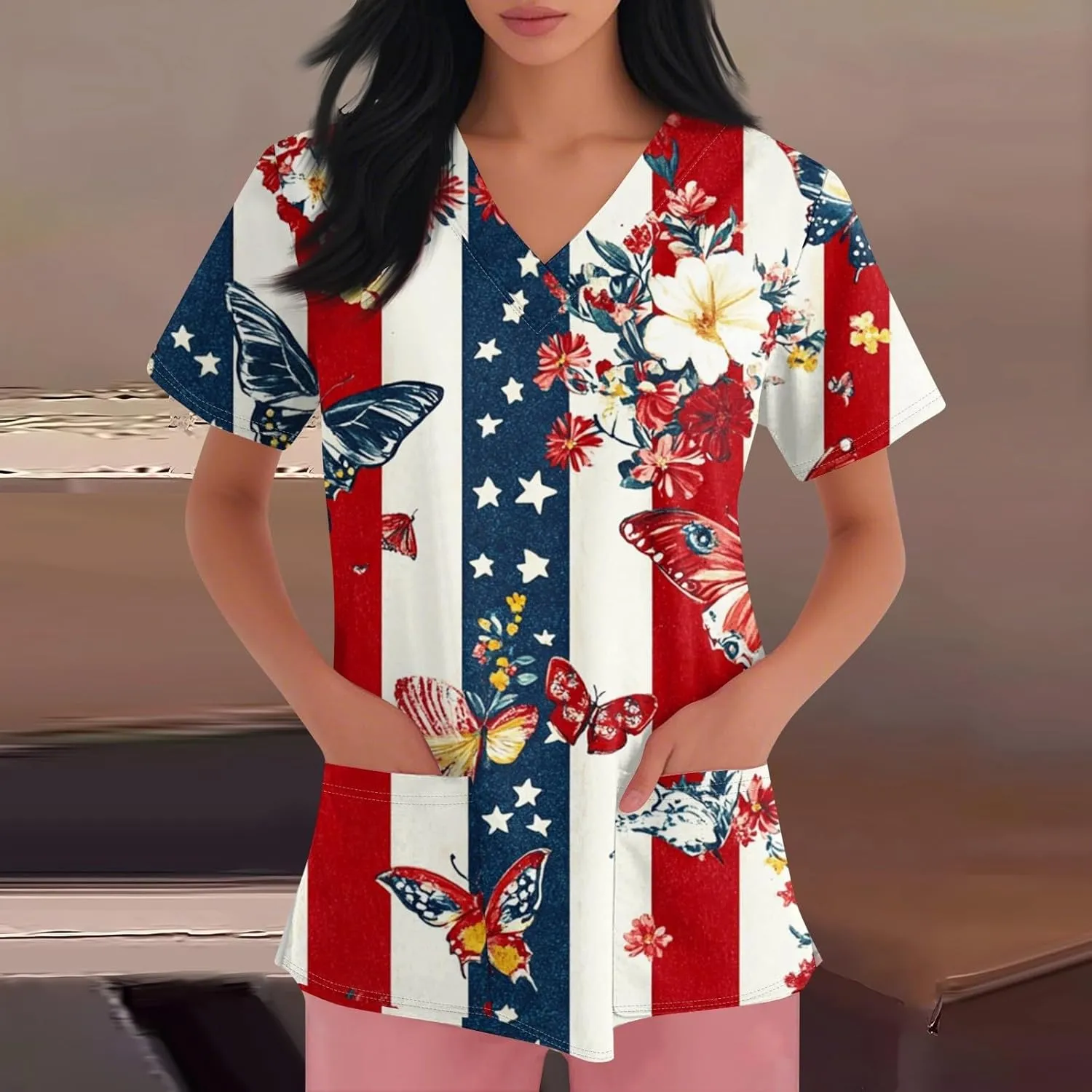 4th of July Tops Casual Nurse Uniforms 2025 Scrub Tops for Women Short Sleeve Scrub V Neck Shirt with Pockets