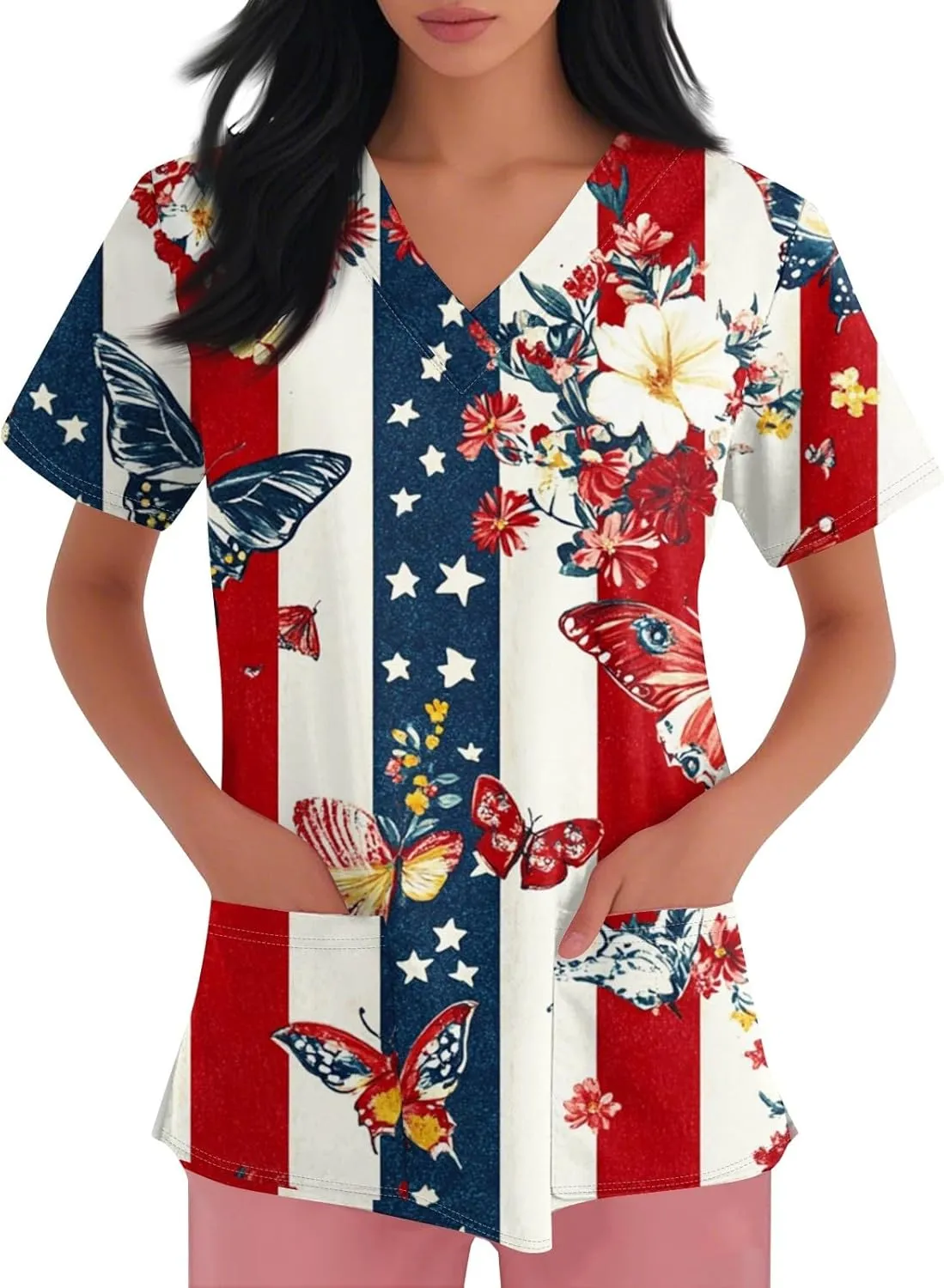 4th of July Tops Casual Nurse Uniforms 2025 Scrub Tops for Women Short Sleeve Scrub V Neck Shirt with Pockets