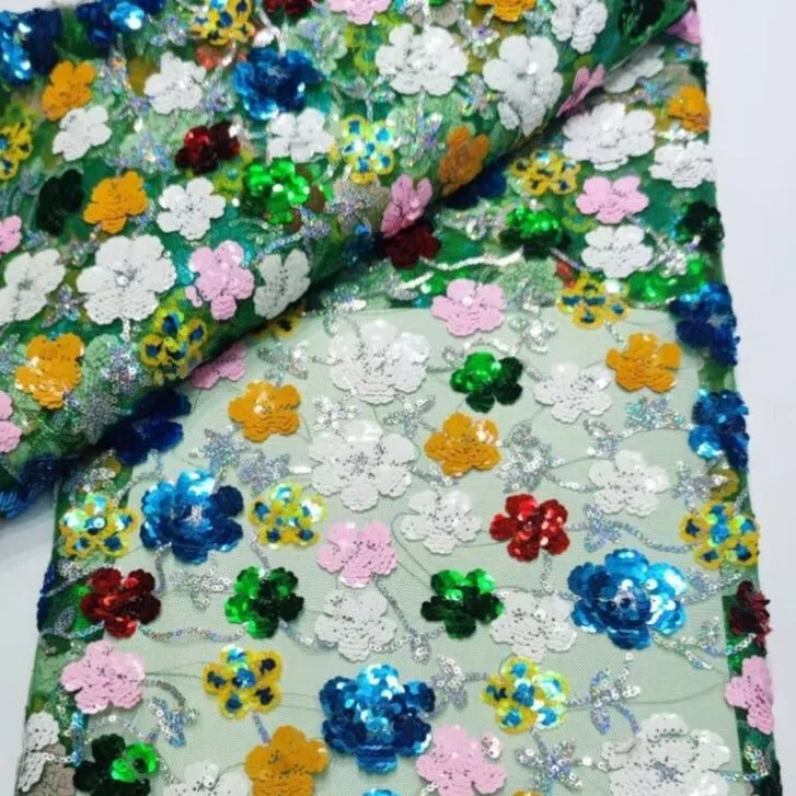 5 YARDS / Green Funky Muticolor Floral Embroidery Glitter Mesh Lace  Party Prom Bridal Dress Fabric