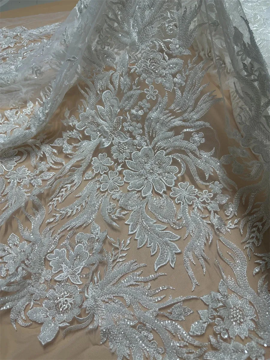 5 YARDS / Sorelae Floral Sequin Beaded Embroidery Tulle Mesh Lace Dress Fabric