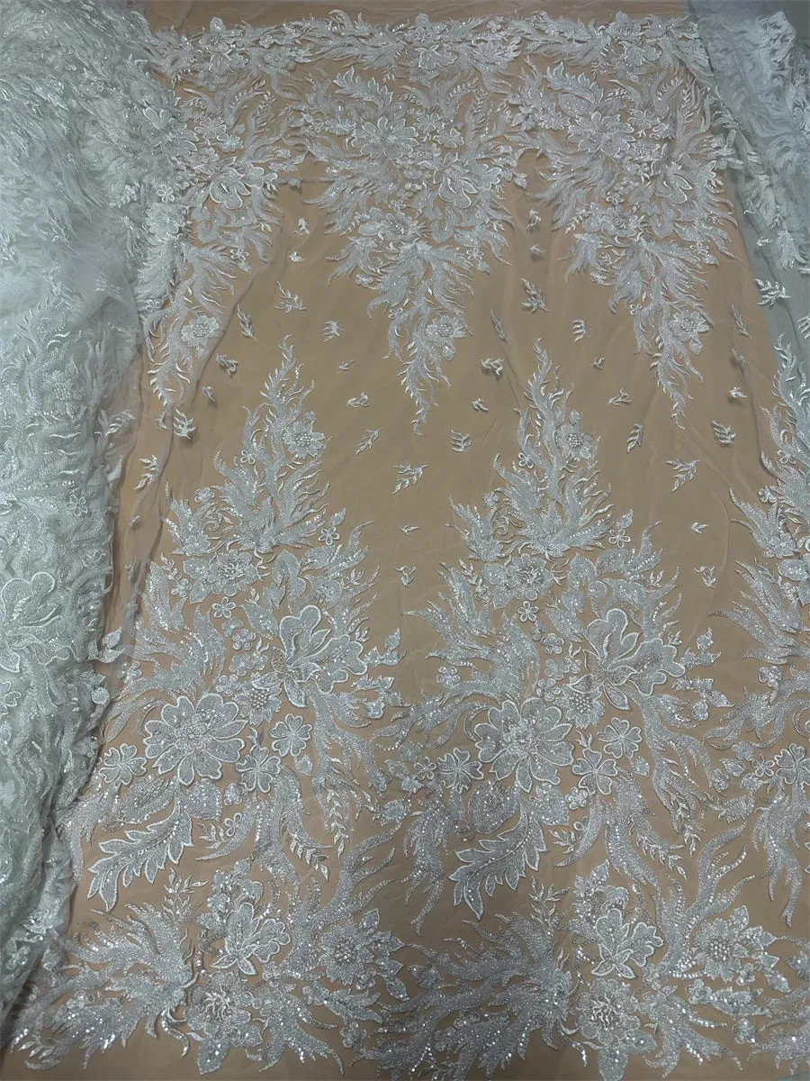 5 YARDS / Sorelae Floral Sequin Beaded Embroidery Tulle Mesh Lace Dress Fabric