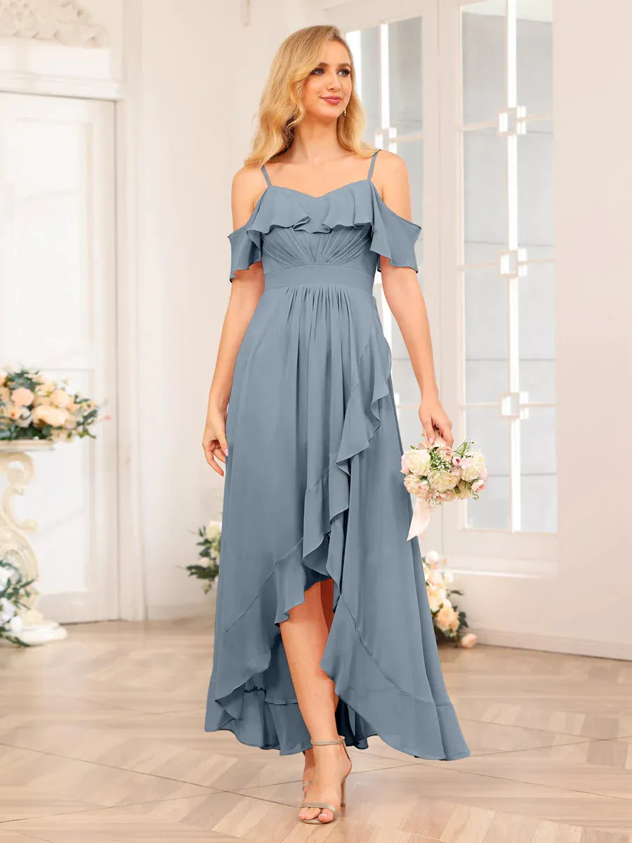 A-Line/Princess Spaghetti Straps Long Wedding Party Dresses With Ruffles